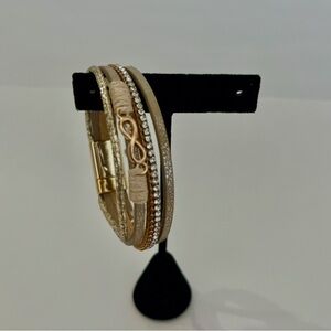 Beige Faux Leather‎ Wrap Bracelet – Gold Infinity Charm & Rhinestones